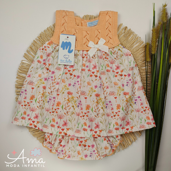 Vestido y culotte smook con punto y tejido flores multicolor SHOWY - Mac Ilusión