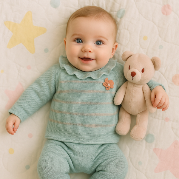 Conjunto primera puesta cuello volante verde empolvado - Pangasa Baby
